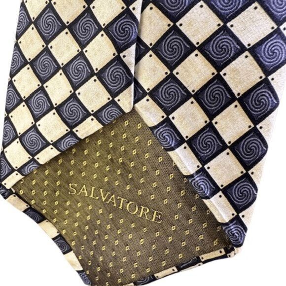 Salvatore Pellegrino Men's Diamond Spiral Silk Neck Tie Black Cream - Picture 7 of 8